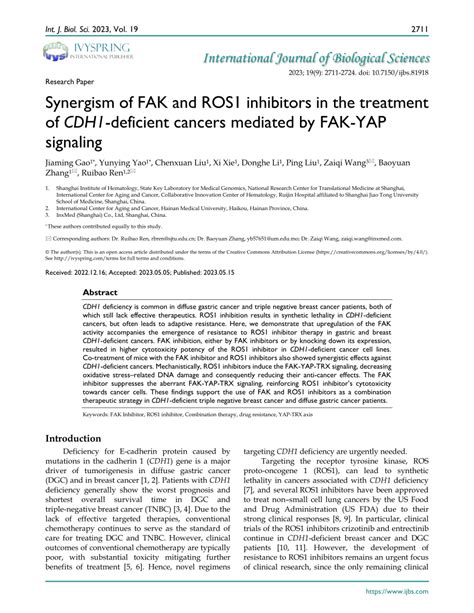 Pdf Synergism Of Fak And Ros1 Inhibitors In The Treatment Of Cdh1