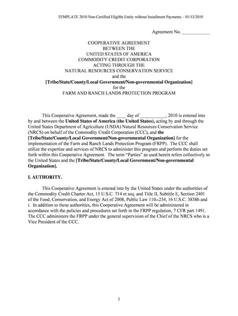 Fillable Online Nrcs Usda Cooperative Agreement Template Natural