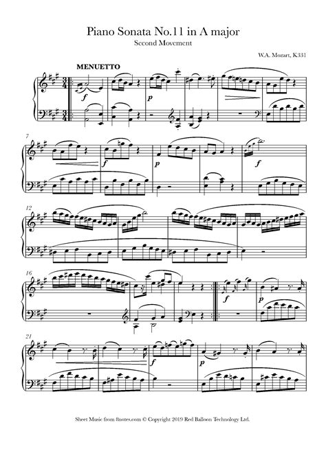 Mozart Piano Sonata No 11 In A Major K 331 2nd Movement Sheet