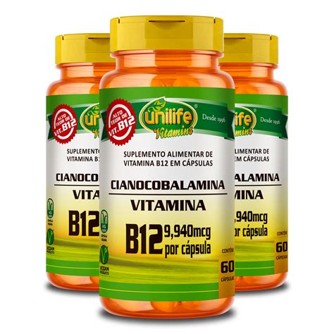 Kit 3 Vitamina B12 Cianocobalamina Unilife 60 cápsulas Edin