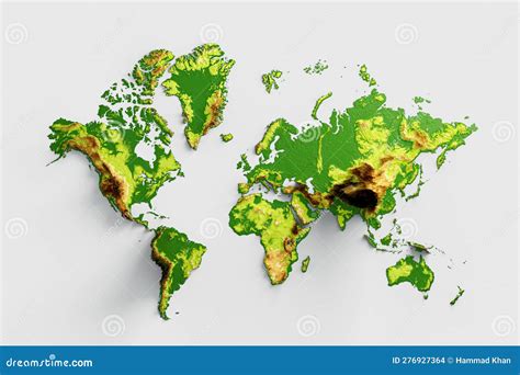 3d World Map Shaded Relief Hypsometric Map Isolated On White Background