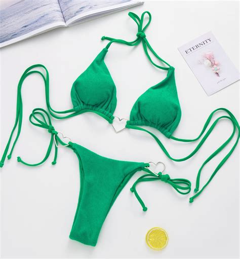 Women S Swimwear Lace Up Back And Side Self Tie Metal Ring Linked Bikini Set Triangle Solid