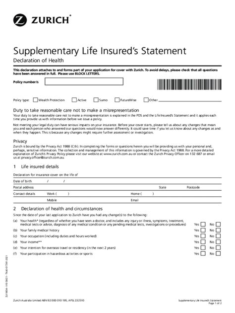 Form Au Zurich Declaration Of Health Fill Online Printable