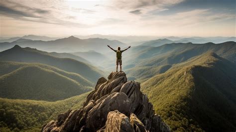 Um Homem No Topo De Uma Montanha Os Bra Os Levantados No Topo De