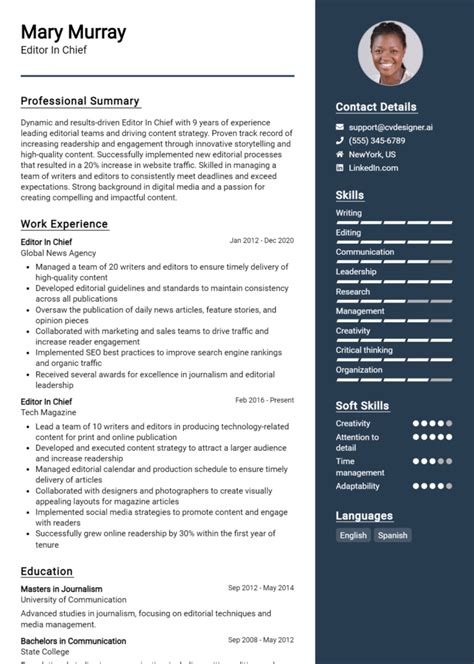 Editor In Chief Resume Example For Ultimate Guide Cvdesigner Ai