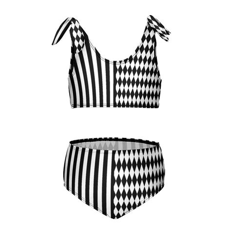 Black And White Harlequin Diamonds And Stripes Girl S Piece Bikini Set Beach Sport Swimsuit