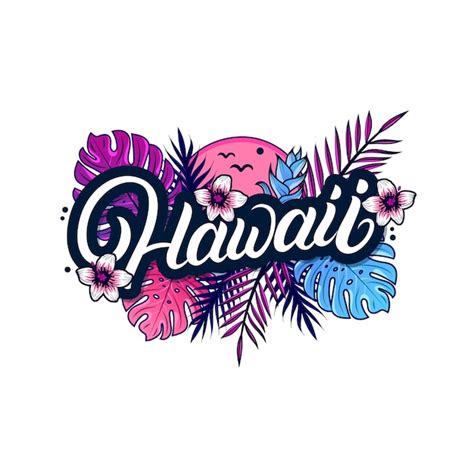 Hawaii Letras Escritas A Mano Con Hojas De Palma Y Monstera Planta