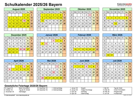 Schulkalender 2025 2026 Bayern für Excel