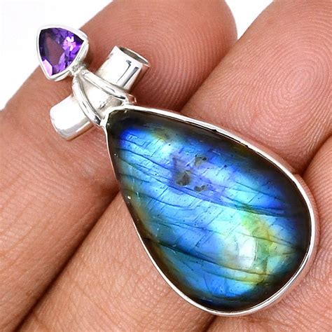 Pendentif Protection Labradorite Et Am Thyste Monture Argent Ref