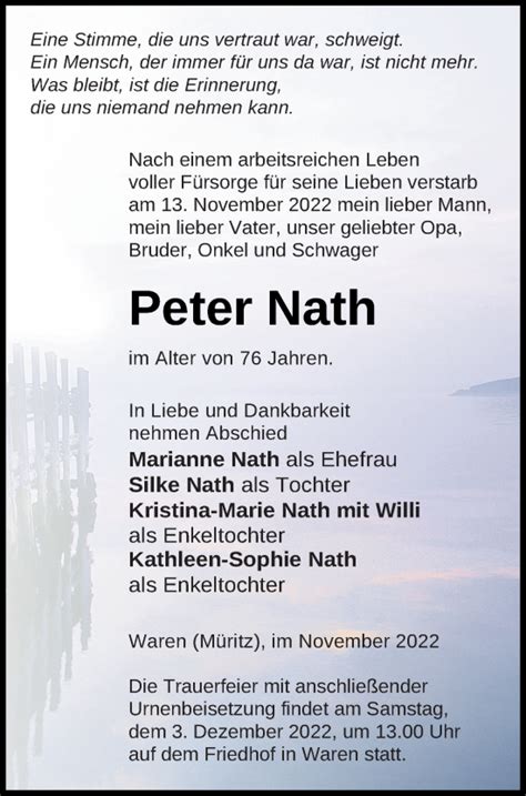 Traueranzeigen Von Peter Nath Trauer Nordkurier