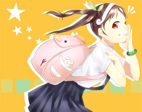 Safebooru 1girl Backpack Bag Bakemonogatari Black Hair Grin Hachikuji