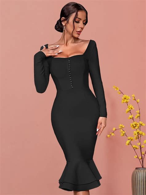 Adyce Square Neck Button Front Backless Mermaid Hem Bodycon Cocktail