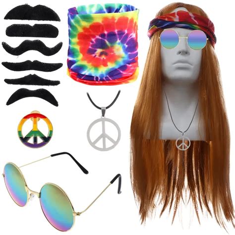 11ชิ้น Hippie เครื่องแต่งกายเครื่องประดับจี้สร้อยคอสันติภาพแว่นตา