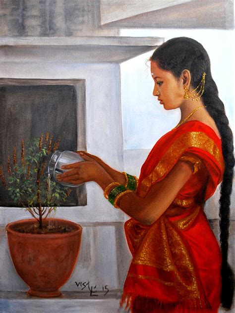 Tamil girl Tulasi Pooja Painting by Vishalandra Dakur