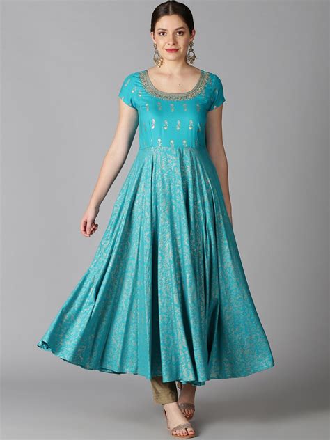 Buy Saffron Threads Women Turquoise Blue Floral Printed Dobby Anarkali