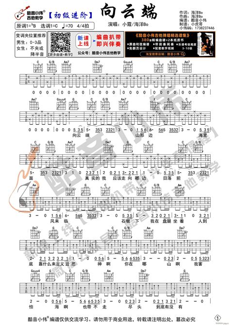 《向云端》 新手初级进阶版 吉他教学 黄绮珊海洋bo 歌谱简谱网