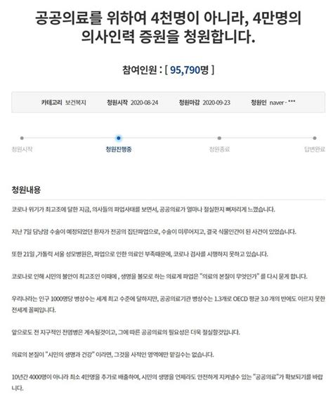 전공의들 정부 업무개시명령 불응시민들 의사 4만명 증원 청와대 국민청원 참여 네이트 뉴스