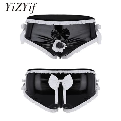 Yizyif Men Lingerie Shiny Faux Leather Open Front Underwear Bikini