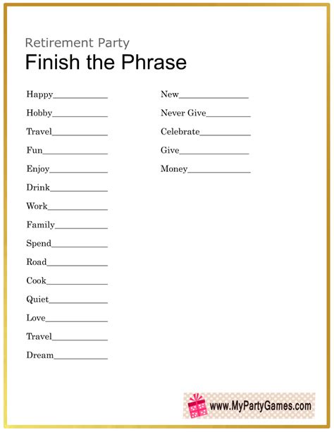 Free Printable Finish The Phrase Game For Retirement Party