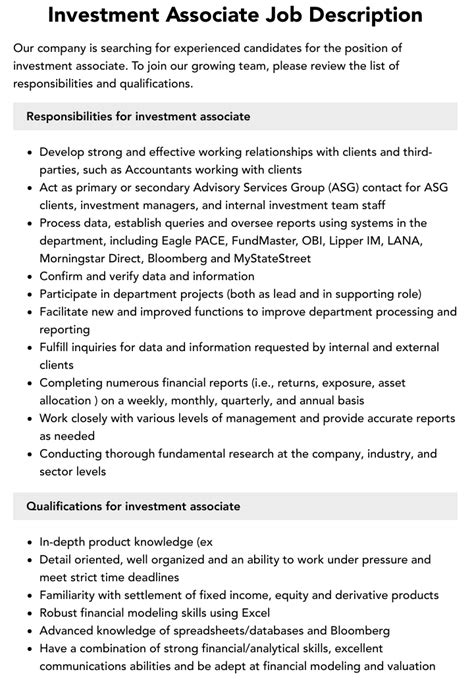 Investment Associate Job Description Velvet Jobs