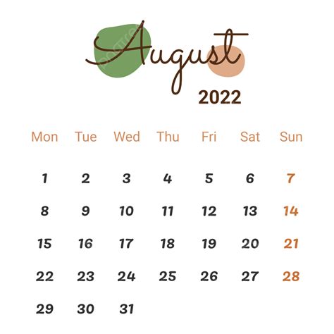 August Calendar Vector Art Png August 2022 Calendar With Aesthetic