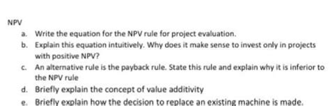 Solved NPV a. Write the equation for the NPV rule for | Chegg.com