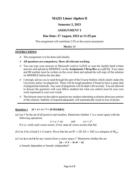 MA221 Assignment 1 S2 2023 Page 1 Of 2 MA221 Linear Algebra II