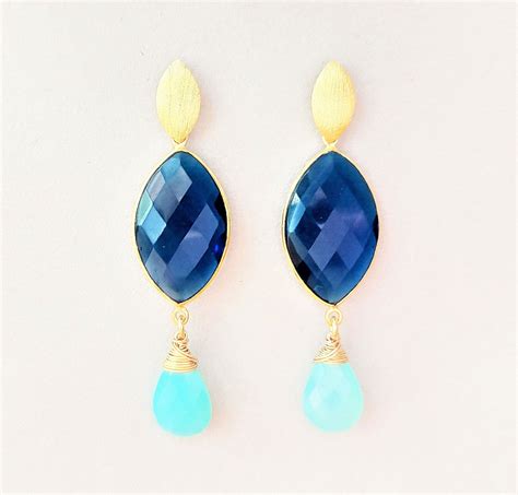 Ohrstecker Gold Mit Blau Quarz Und Aqua Chalcedon Unikat Etsy De