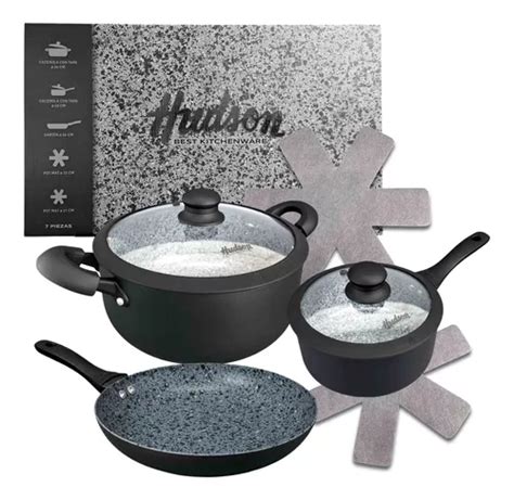 Set Olla Cacerola Sarten Hudson Granito Negro Cocina Bz