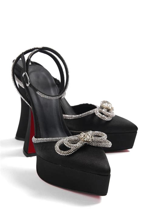 Latina Siyah Saten Kristal Taş Detaylı Platform Topuklu Ayakkabı