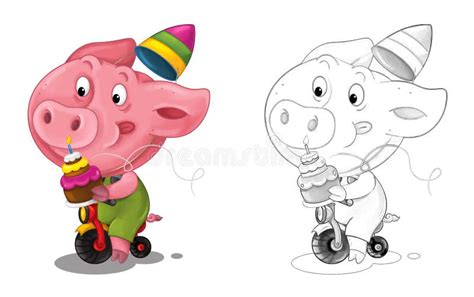 Cartoon Scene with Sketch with Pig Having Fun - Illustration Stock ...