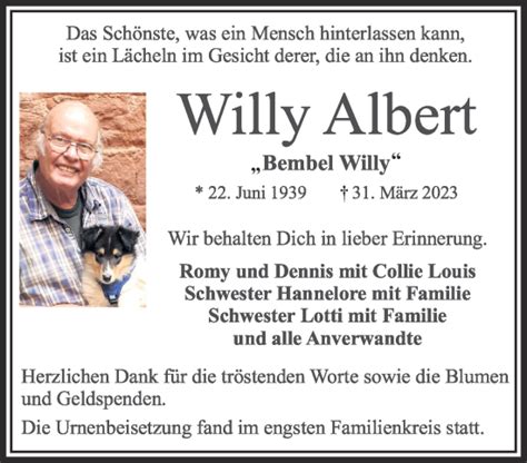 Traueranzeigen Von Willy Albert Trauer Gnz De