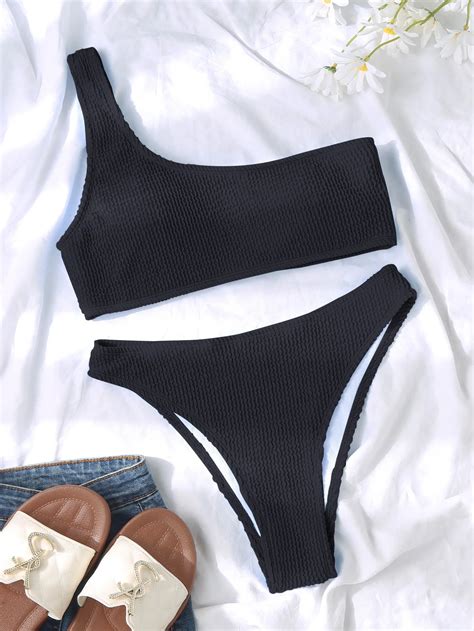 One Shoulder Bikini Textured Swimwear High Cut Swimsuit Solid Bathing Suit Women Brazilian TK