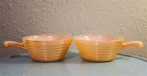 2 Fire King Peach Lusterware Beehive Bowls With Handles Soup Etsy Vintage Bakeware Fire