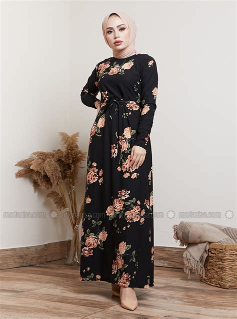 Floral Patterned Modest Dress Black