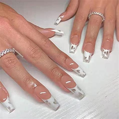 Yosomk Clear French Tip Press On Nails Long With Heart Designs