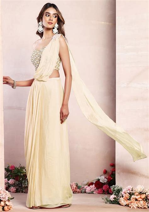 Buy Women Ivory Pre Stitched Saree Set With Sequin Pearl Hand