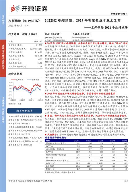 友邦保险2022年业绩点评：2022h2略超预期，2023年有望受益于亚太复苏