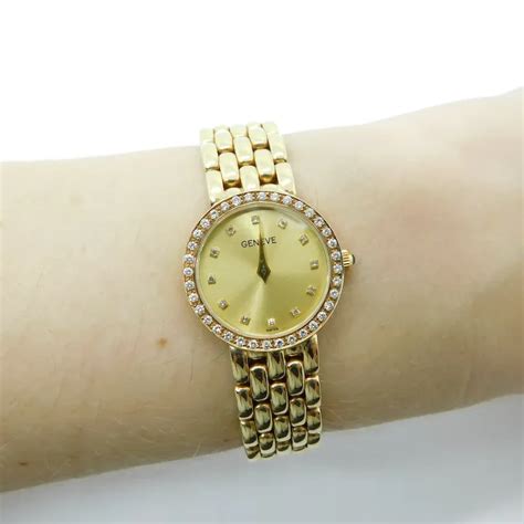 Buy Ladies Geneve Quartz Watch With Diamond Bezel Solid 14k Yellow Gold