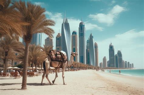 Premium AI Image View On Dubai Marina Camels And Famous Jumeirah