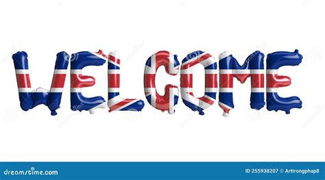 3d Illustration Of Welcome Letter Balloons In United Kingdom Flag