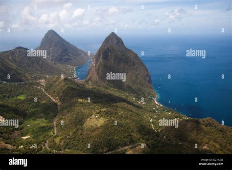 Aerial view of The Pitons, Soufriere, Soufriere, Saint Lucia, Caribbean ...