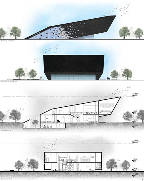 Three Diagrams Showing Different Sections Of A Building With Trees On