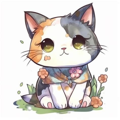 Un Dibujo De Un Gato Con Una Flor Foto Premium