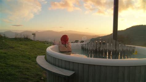 Steaming Wooden Outdoor Hot Tub In Glamping Hotel Stock Video Video Of Wooden Rural