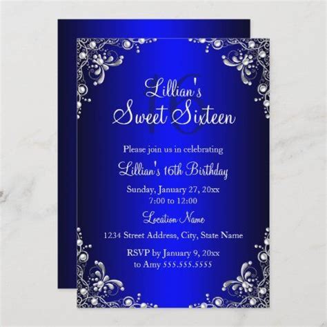 Royal Blue Sweet Silver Pearl Damask Invitation Artofit