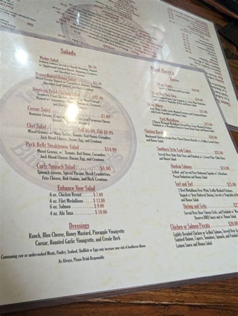 Menu At The Brown Barrel And Blind Harrys Midway