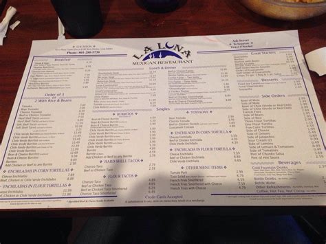 Menu at La Luna Mexican restaurant, West Jordan