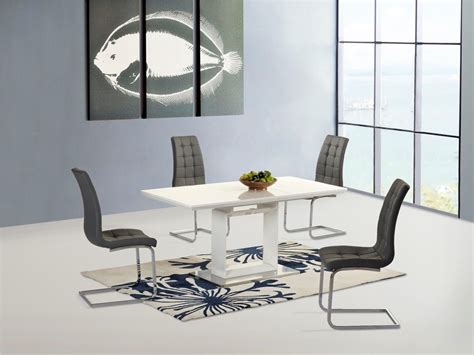 New white high gloss extending dining table and 6 grey chairs