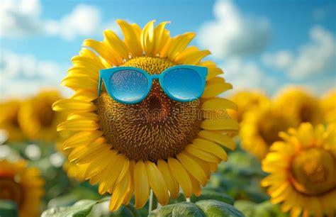 Sunflower With Sunglasses In Field A Sunflower Wearing Sunglasses